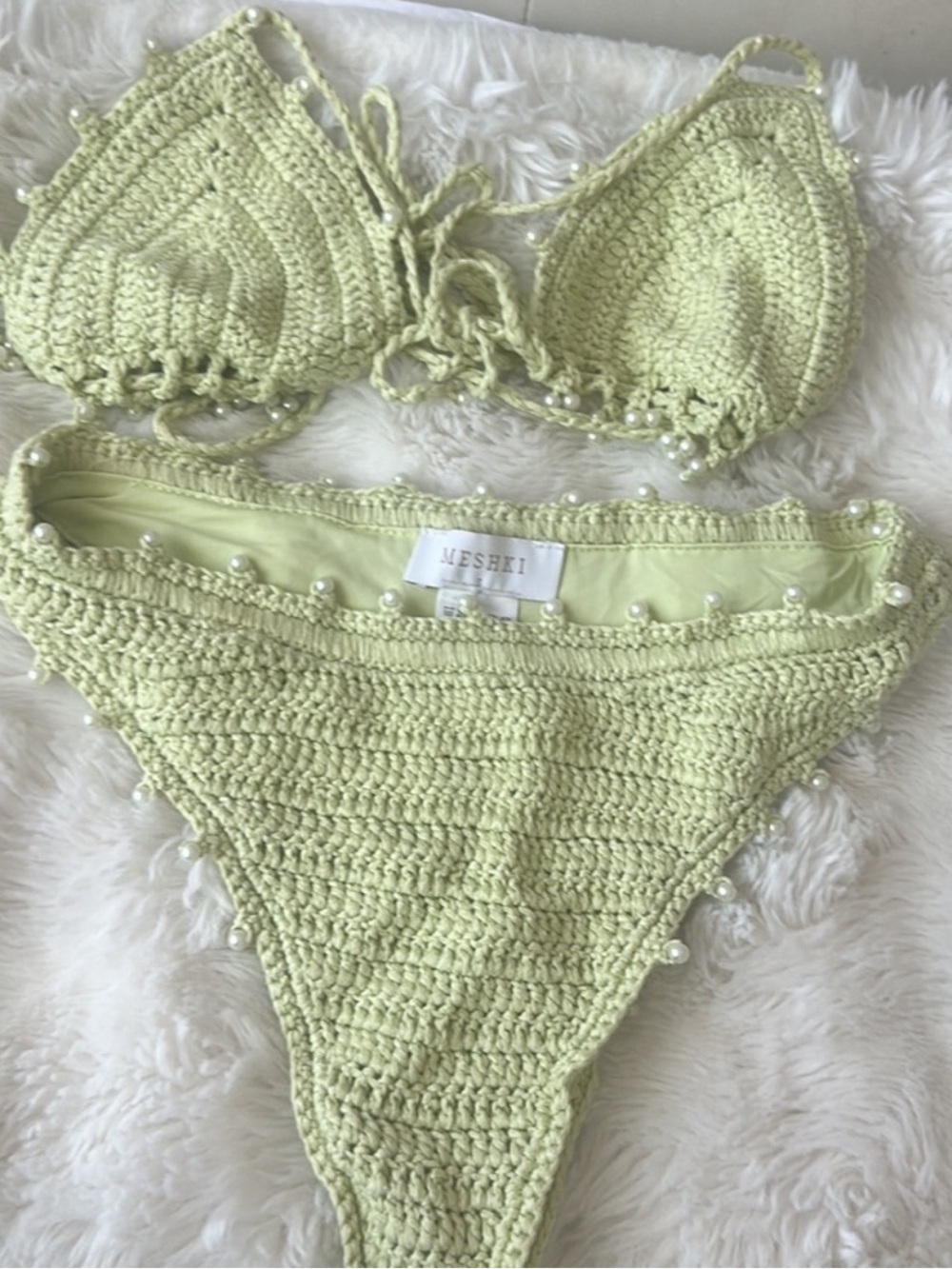 Meshki Pale Green Crochet Pearl Bikini Set